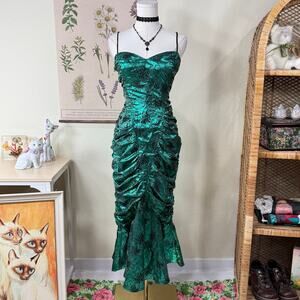 Vintage 80s Gunne Sax Metallic Ruched Formal Party Dress Wimsigoth Witchy Sexy S